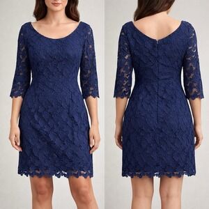 Lilly Pulitzer Shayna Navy Crochet Floral Lace Eyelet Dress 3/4 Sleeve Size 8